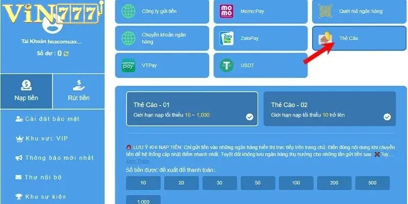 Hỗ trợ nạp tiền nhanh chóng chỉ có tại nhà cái Vin777